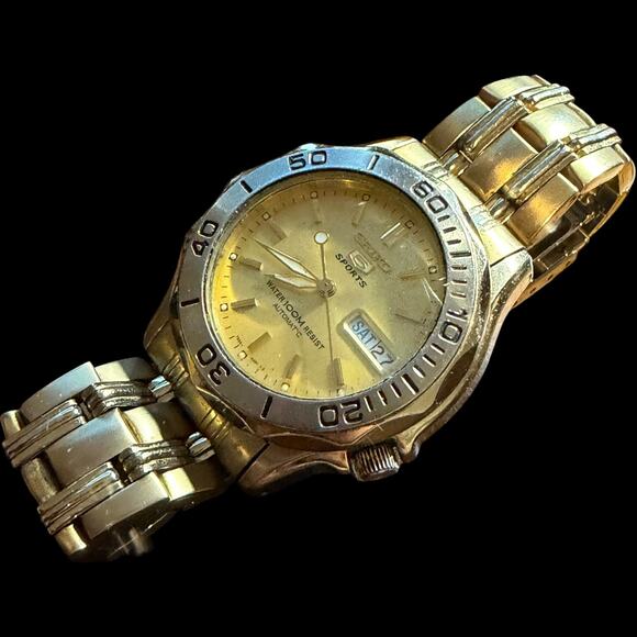 Seiko 5 Sports Automatic Gold Tone Diver Style Watch 7S26A Day/Date 100M WR main image 5